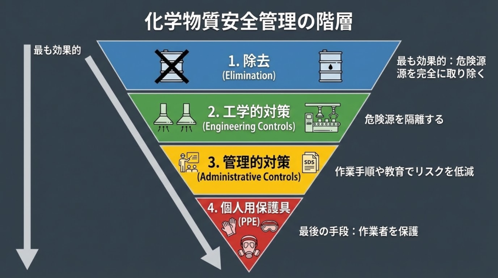化学物質管理における対策の優先順位を示すピクトグラム(1.除去、2.工学的対策、3.管理的対策、4.個人用保護具)