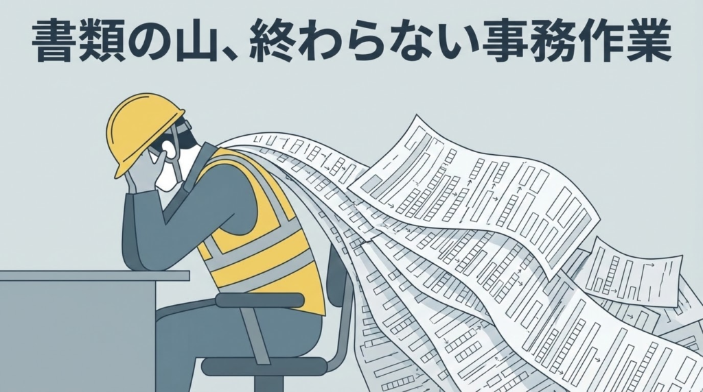 大量の入力項目がある複雑な報告書を前に、頭を抱える作業員のイラスト